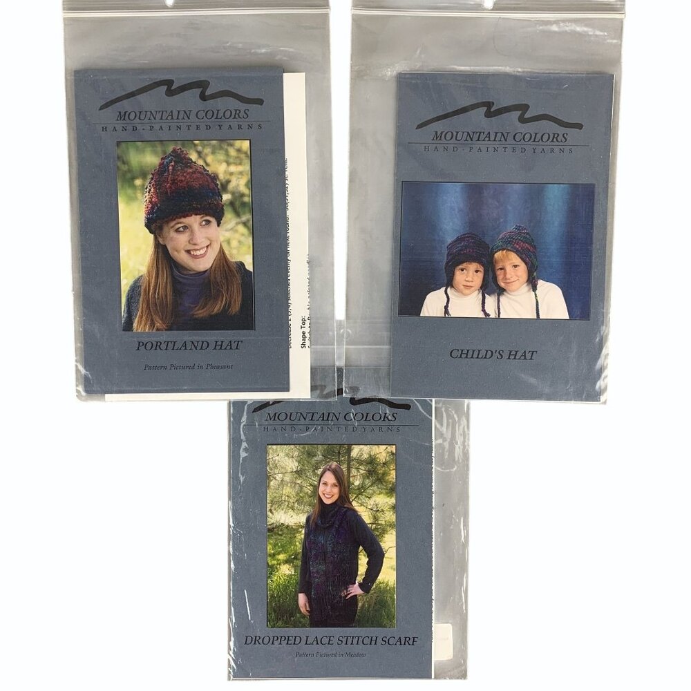 Set of 3 Knitting Patterns Mountain Colors Yarns Womens Hat & Scarf, Kids Hats